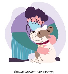 Portrait of a veterinarian with a french bulldog, a man with a dog, taking care of animals, love for dogs. Vector illustration