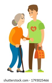 Portrait view of assistance helping lady, man holding old woman, grandmother going with stick, person with handbag, volunteer caring, caution vector