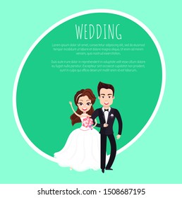 Portrait view of married groom and bride characters, woman in dress holding bouquet and embracing man wearing suit, wedding template invitation card. Vector illustration in flat cartoon style