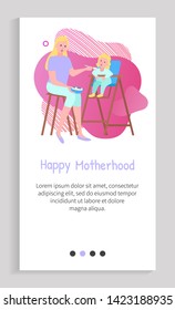 Portrait view of mother feeding with spoon daughter sitting on high chair, parent and kid vector. Motherhood concept mom gives food to girl. App slider for website, landing page application flat style