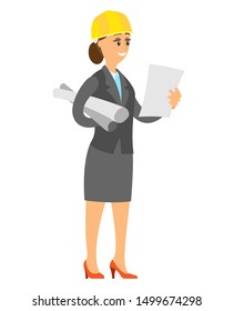 Portrait view of smiling contractor wearing suit and helmet, manager holding papers, engineering projects, construction element, woman worker. Vector illustration in flat cartoon style