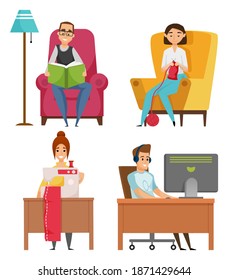 Portrait view of smiling man reading book, male using computer. Female sewing on machine, woman needle-crafting. People leisure indoor, hobby vector