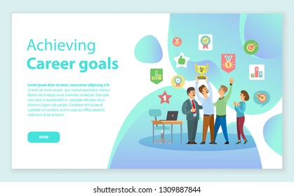 Portrait view of workers in casual clothes, man holding award, win of workteam, work place with table and laptop. Webpage achieving career goals vector