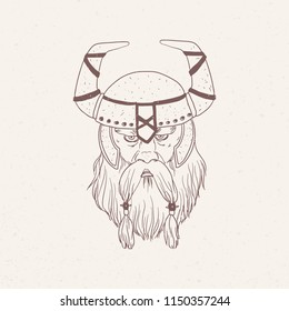 Portrait of viking with beard wearing horned helmet hand drawn with contour lines on light background. Drawing of head of ancient Nordic or Scandinavian warrior. Monochrome vector illustration.