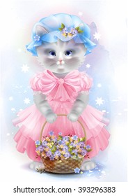 Portrait of the vintage cat  with basket. Birthday card. Holiday congratulation. Greeting card.