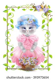 Portrait of the vintage cat  with basket. Birthday card. Holiday congratulation. Greeting card. Frame with ivy and violets.