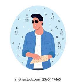 Portrait of a visually impaired young man reading a Braille book.