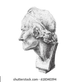 Portrait of Voltaire. Digital pointillism. Voltaire's plaster head in profile. Gypsum sculpture of the philosopher Voltaire