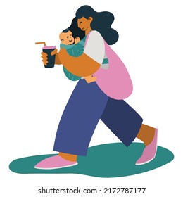 portrait of a walking woman, mother, business woman with a baby in a sling and a coffee in her hand