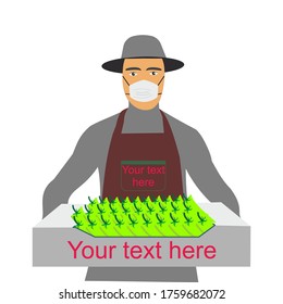 Portrait of wearing a mask farmer holding box of vegetables at local market. Illustration of new normal against coronavirus