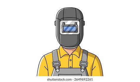 Portrait of a welder wearing a protective mask and overalls ready for industrial work on a white background