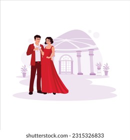 Portrait of a well-matched young couple, looking happy, toasting in a beautiful room with flowers. Trend modern vector flat illustration.