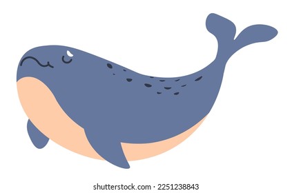 Portrait of whale, marine mammal dwelling under water. Cetacean aquatic group with tail and fins. Isolated cute personage or character living in sea or ocean waves. Vector in flat style illustration