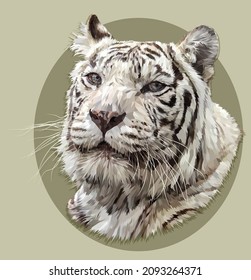 A portrait of a white bengal tiger with an intelligent calm look. Low poly. Vector 3d illustration.