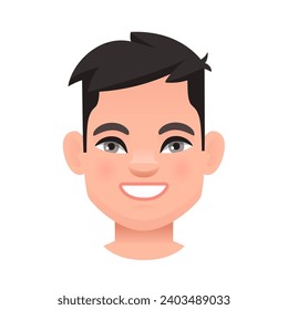 Portrait of a white black-haired boy with gray eyes. The avatar of a smiling child. Vector illustration on a white background.