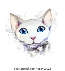 Portrait of a white cat with blue colored eyes, with bow. Vector version