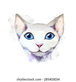 Portrait of a white cat with blue colored eyes, on a white background. Vector version