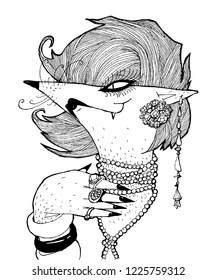 Portrait of a white fox with bracelets and beads and makeup. Black and white graphics, can be used in printed materials, or on a t-shirt.