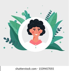 Portrait in a white frame for an avatar of a cheerful happy young guy with black curly hair and a white sweater around the leaves. Flat or cartoon illustration in hand style vector.
