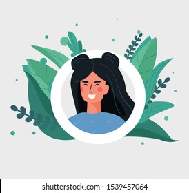 Portrait in a white frame for an avatar of a cheerful happy cute young girl with black long hair and a blue sweater around the leaves. Flat or cartoon illustration in hand style vector.