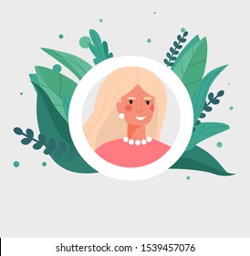 Portrait in a white frame for an avatar of a cheerful happy cute young girl with blond hair and a pink sweater. Flat or cartoon illustration in hand style vector.