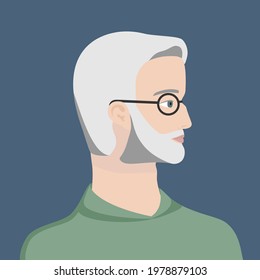  Portrait of a white haired old man with glasses in green sweter. The head of a European old man in profile. Social Media Avatar. Vector Flat Illustration