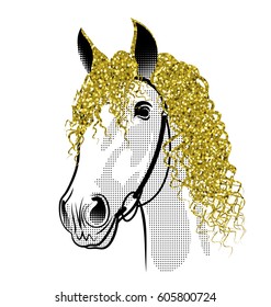 Portrait of a white horse with a golden mane. The image with halftone effects. Texture of confetti sparkles gold glitter.