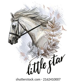 Portrait of a white horse and leaves. Little star lettering quote. Hand drawn style print. Vector illustration isolated on background. T-shirt composition, print, design, stickers, sublimation, decor