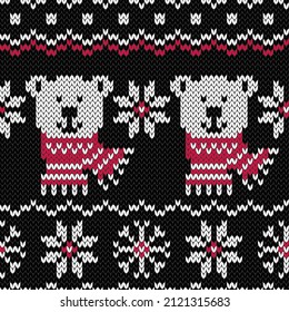 Portrait white polar bear jacquard seamless pattern. Winter knitted style. Creative vector illustration.