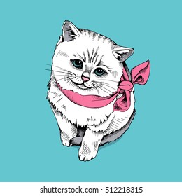 Portrait of the White Scottish kitten in a pink neckerchief on a green background. Vector illustration.