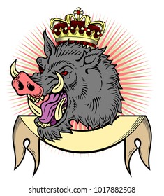 Portrait of a wicked boar in an old school style in a golden crown on a banner 