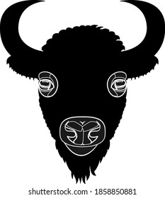 Portrait of a wild bull. Bison head. Black silhouette.