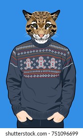 Portrait of a wild cat in a warm men's sweater with a picture in the form of little people