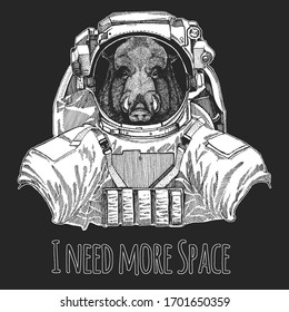 Portrait of wild hog, boar, pig. Spaceman, astronaut. Wild animal wearing space suit. Face of brave animal.