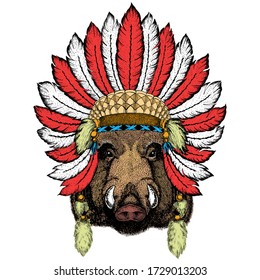 Portrait of wild hog, boar, pig. Face of brave animal. Indian headdress with feathers. Boho style.