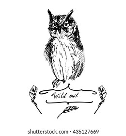 Portrait of the wild owl with title and feathers. Big bird, text, curls lines. Sketch style. Hand drawn graphics illustration, vector eps 10. For decor, prints, posters, clothes designs, postcards.