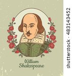 Portrait of William Shakespeare. Vector color hand drawn doodle illustration of William Shakespeare in frame with roses.