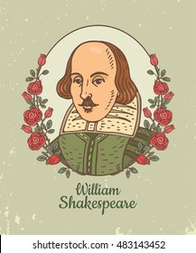 Portrait of William Shakespeare. Vector color hand drawn doodle illustration of William Shakespeare in frame with roses.