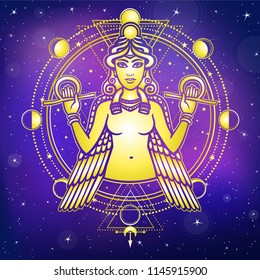 Portrait of the winged goddess Ishtar. Sacred geometry, mystical circle, phases of the moon. Gold imitation. Background - the night star sky. Print, poster, t-shirt, card. Vector illustration.