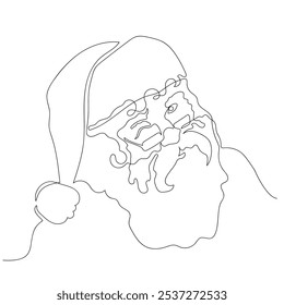 Portrait of winking Santa in glasses in one line drawing style. Black and white vector illustration.