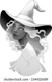 Portrait of a witch in gradients of gray. Vector halloween isolated character.