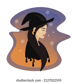 Portrait of witch. Picture for printing on childrens clothes. Superpowers and witchcraft, young girl in hat and raincoat. Magic and mysticism, fantasy, imagination. Cartoon flat vector illustration