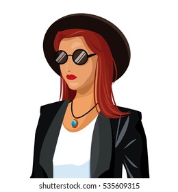 portrait wo fashion red hair hat sunglasses black jacket
