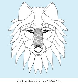 Portrait of a wolf. the dog's head. fox. Line art. Black and white drawing by hand. Stylized. Decorative. Tattoo.