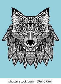 Portrait of a wolf. The dog's head. Line art. Black and white drawing by hand. Stylized. Decorative. Tattoo. Indian wolf. Wolf decorated with feathers.