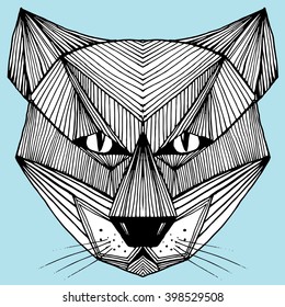 Portrait of a wolf. The dog's head. Line art. Black and white drawing by hand. Stylized. Decorative. Tattoo. Indian wolf. Wolf decorated with feathers.