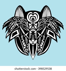 Portrait of a wolf. The dog's head. Line art. Black and white drawing by hand. Stylized. Decorative. Tattoo. Indian wolf. Wolf decorated with feathers.