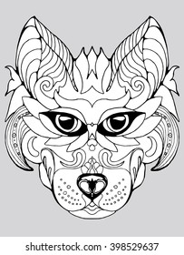 Portrait of a wolf. The dog's head. Line art. Black and white drawing by hand. Stylized. Decorative. Tattoo. Indian wolf. Wolf decorated with feathers.