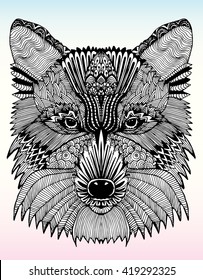 Portrait of a wolf. The dog's head. Line art. Black and white drawing by hand. Stylized. Decorative. Tattoo. Indian wolf. Wolf decorated with feathers.