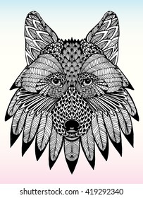 Portrait of a wolf. The dog's head. Line art. Black and white drawing by hand. Stylized. Decorative. Tattoo. Indian wolf. Wolf decorated with feathers.